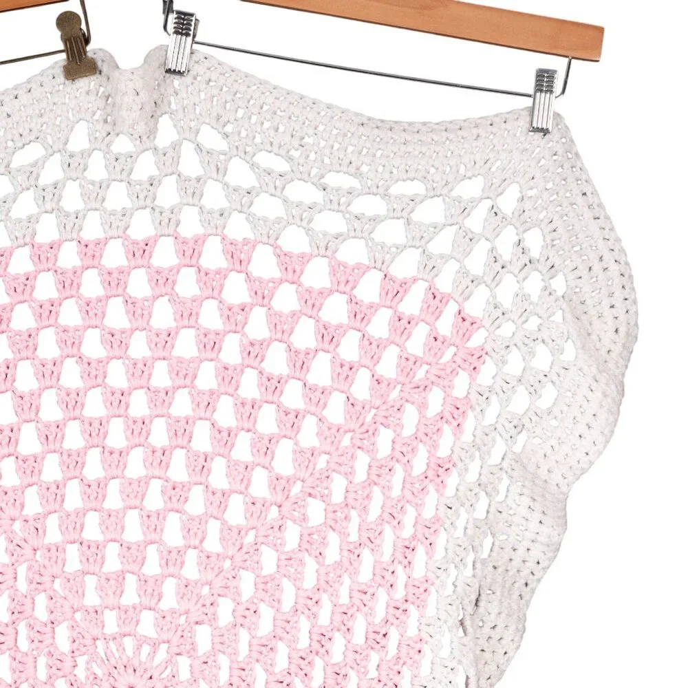 Handmade Crochet Baby Blanket Pink White Soft Open Knit Nursery Decor